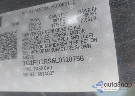 2020 Chevrolet Camaro Rwd 1Lt z USA, uszkodzony, nr VIN 1G1FB1RS6L0110756